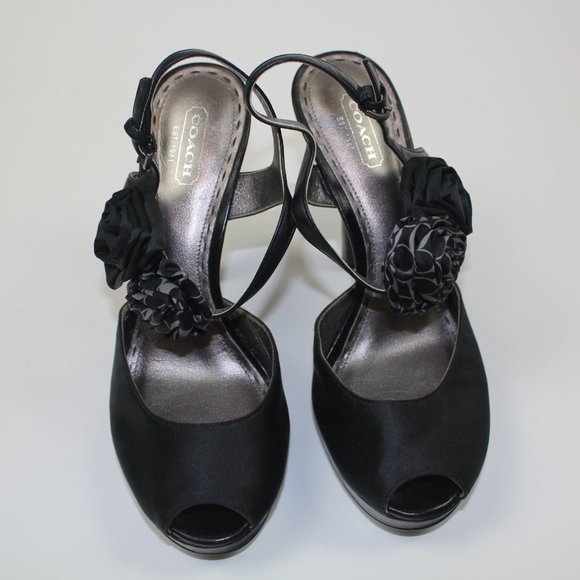 Coach Addysen Black Satin Rosette High Heels Peep Toe Womens Shoes Size 8 8B - Picture 3 of 7